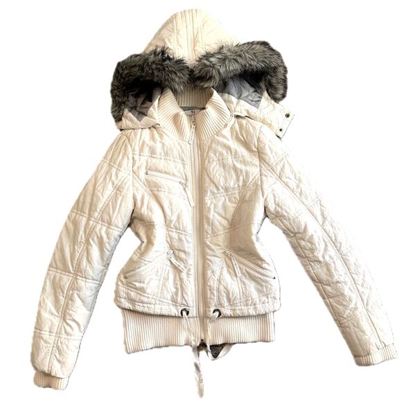 Esprit Collection Cream Puffer Jacket Fur Trim Hood Ribbed Waist Y2K Preppy Sz M - Picture 1 of 7